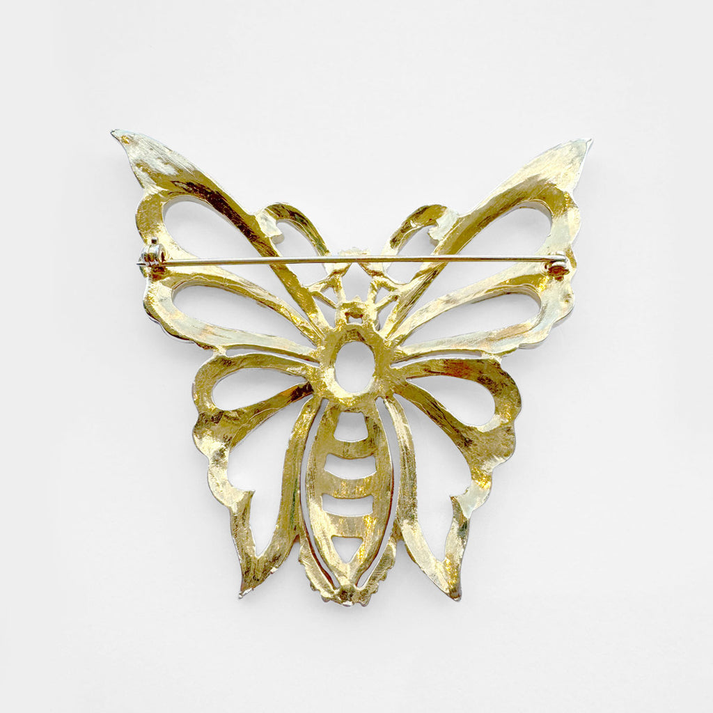 60s Large Diamante Butterfly Brooch with Emerald Green Eyes