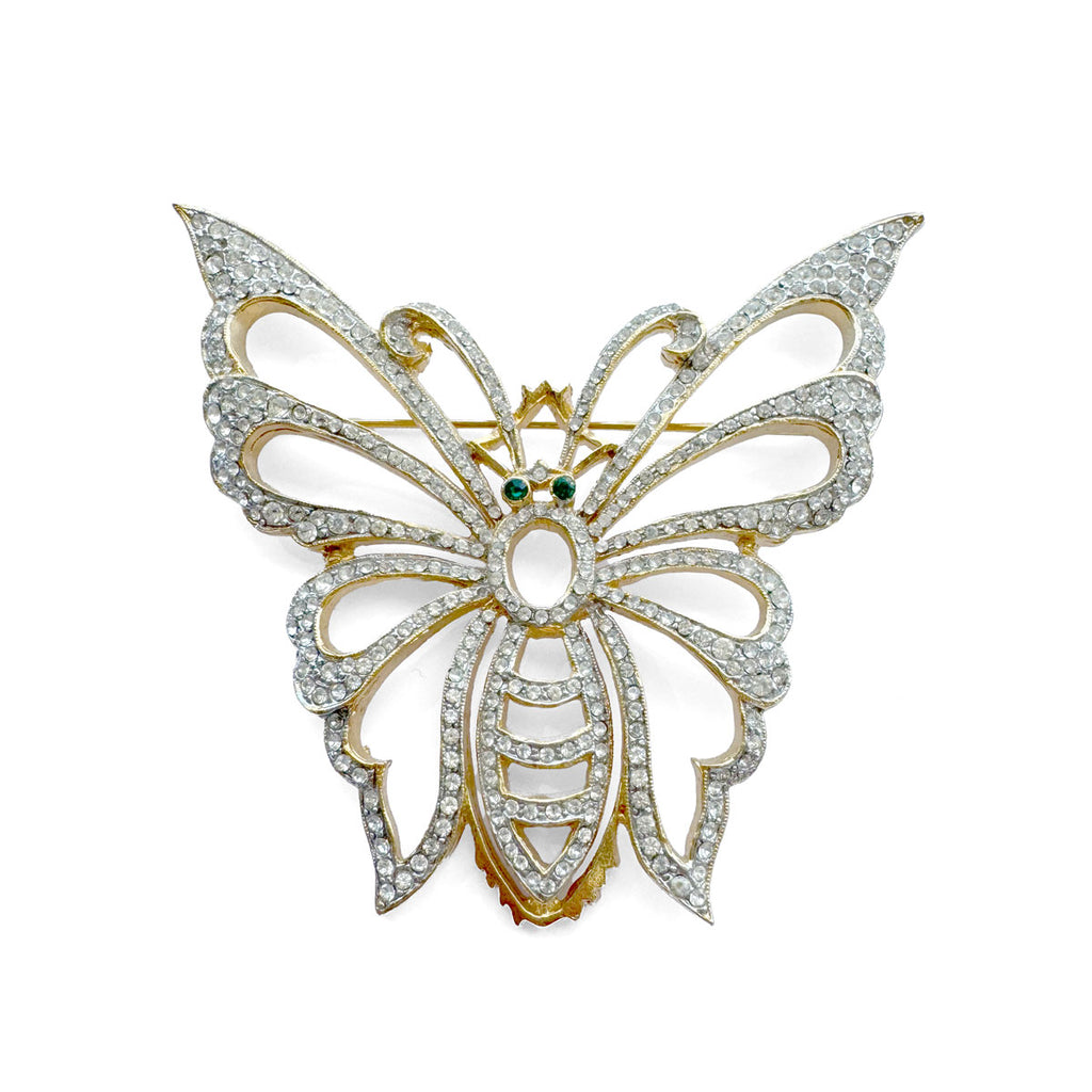 60s Large Diamante Butterfly Brooch with Emerald Green Eyes
