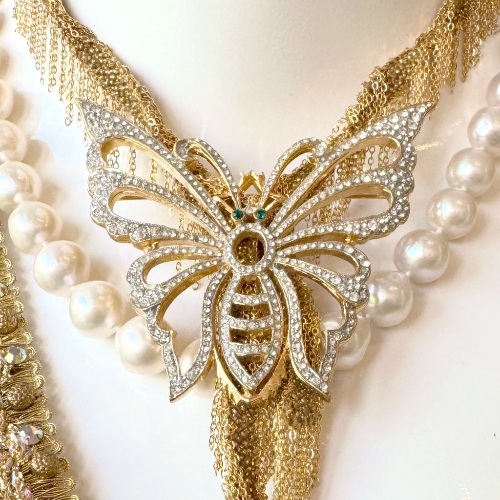 60s Large Diamante Butterfly Brooch with Emerald Green Eyes