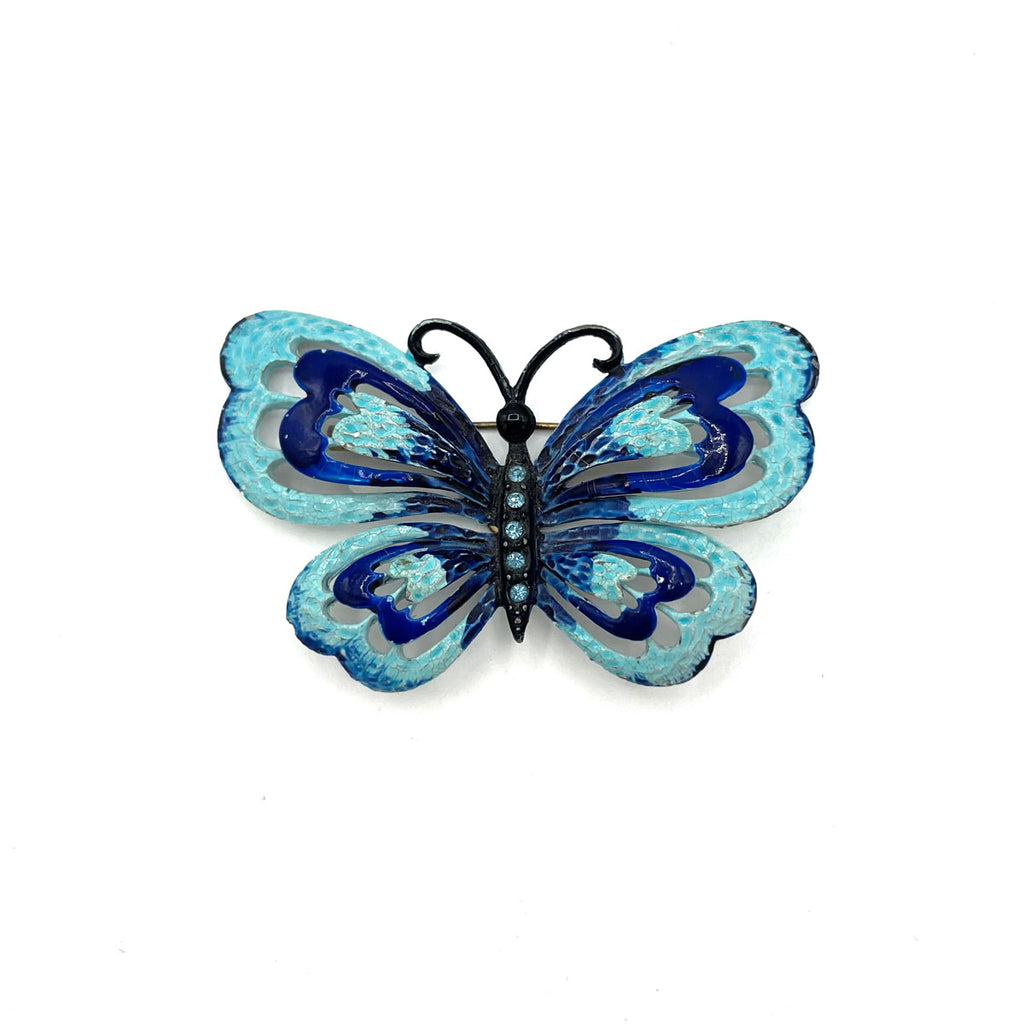 MCM Blue Enamel & Rhinestone Butterfly Brooch | Vintage