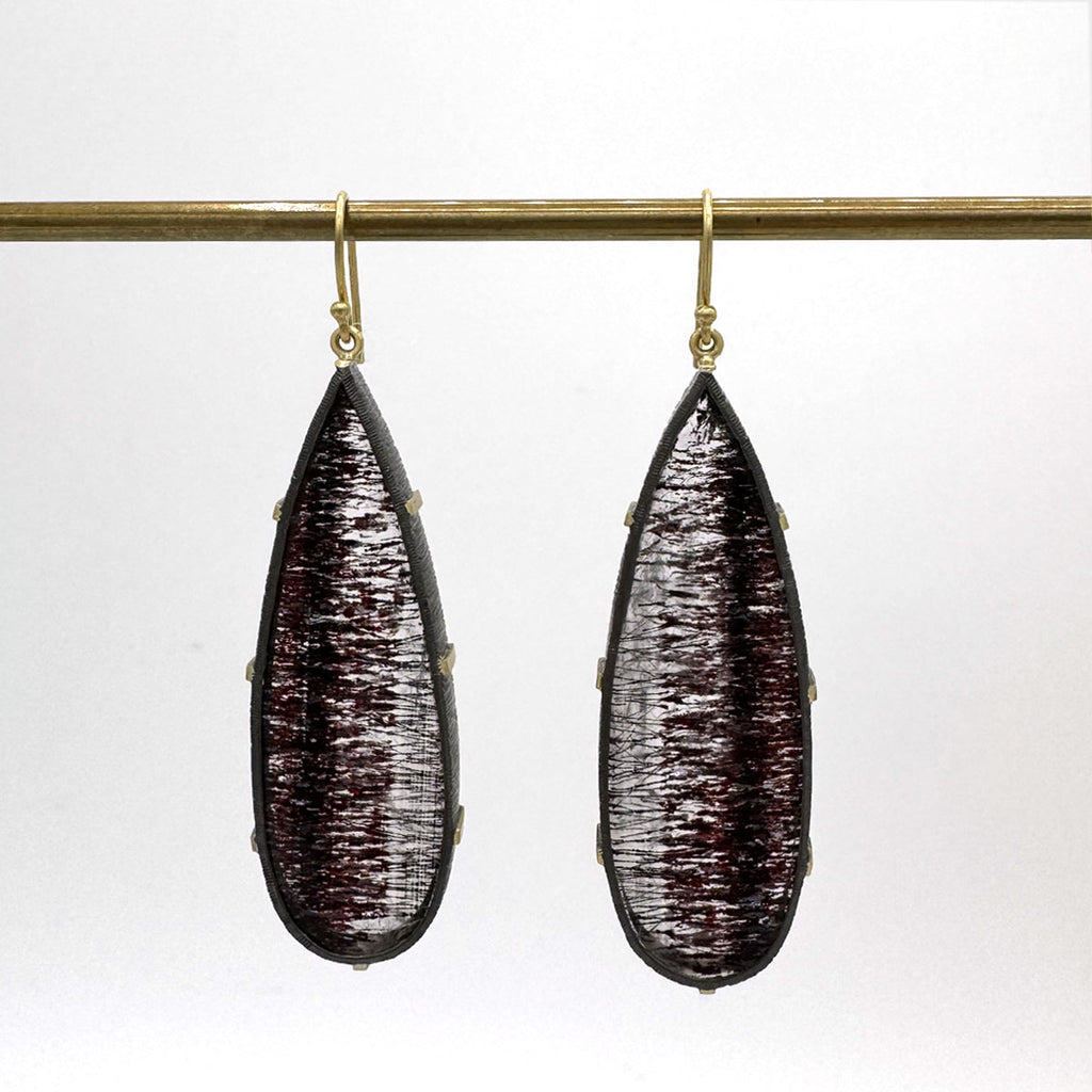 Tourmalated Quartz Drops Framed in 18kt & Oxidized Sterling Earrings | One of a Kind