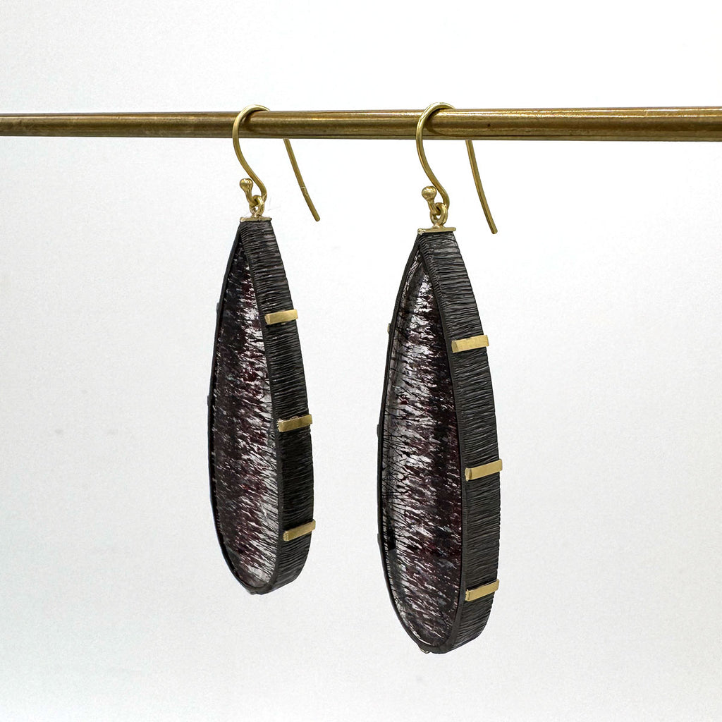 Tourmalated Quartz Drops Framed in 18kt & Oxidized Sterling Earrings | One of a Kind