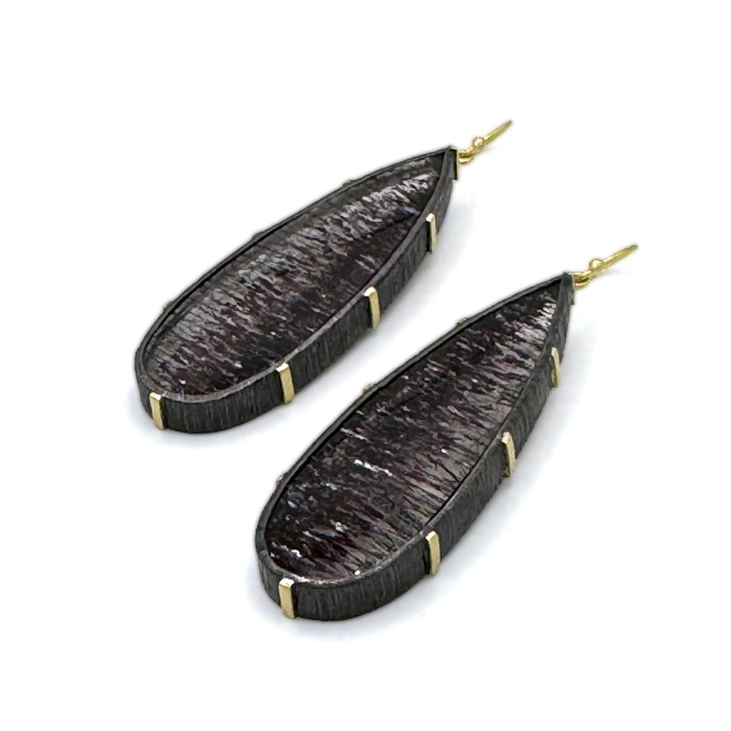 Tourmalated Quartz Drops Framed in 18kt & Oxidized Sterling Earrings | One of a Kind
