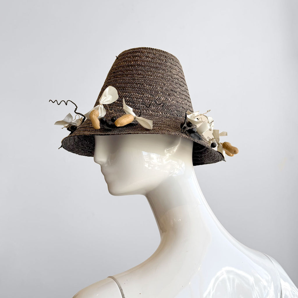 Rare 1950s–60s Whimsical Straw Hat with Peanut & Bow Trim