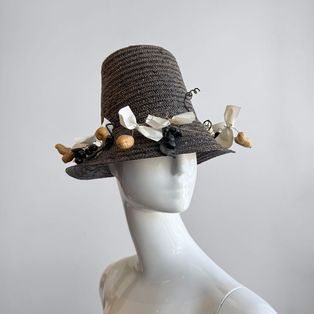 Rare 1950s–60s Whimsical Straw Hat with Peanut & Bow Trim
