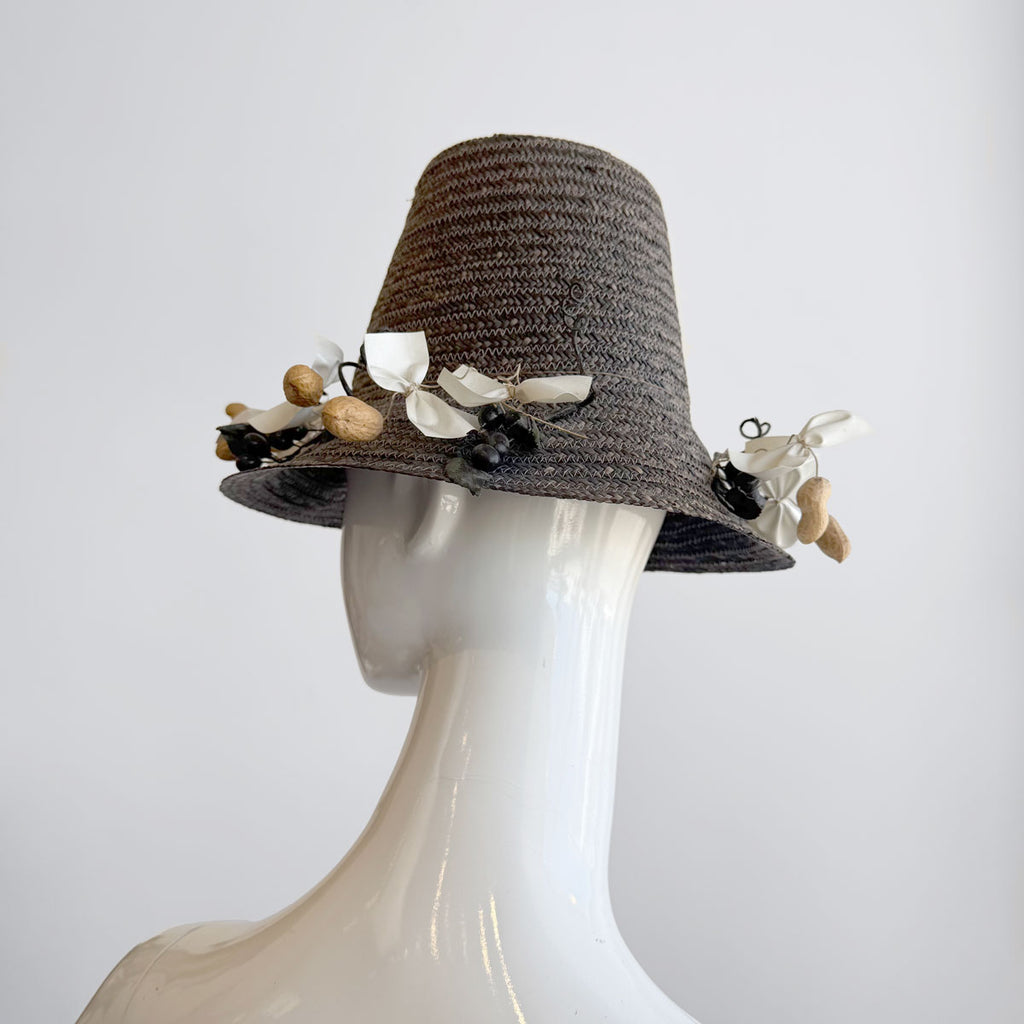 Rare 1950s–60s Whimsical Straw Hat with Peanut & Bow Trim