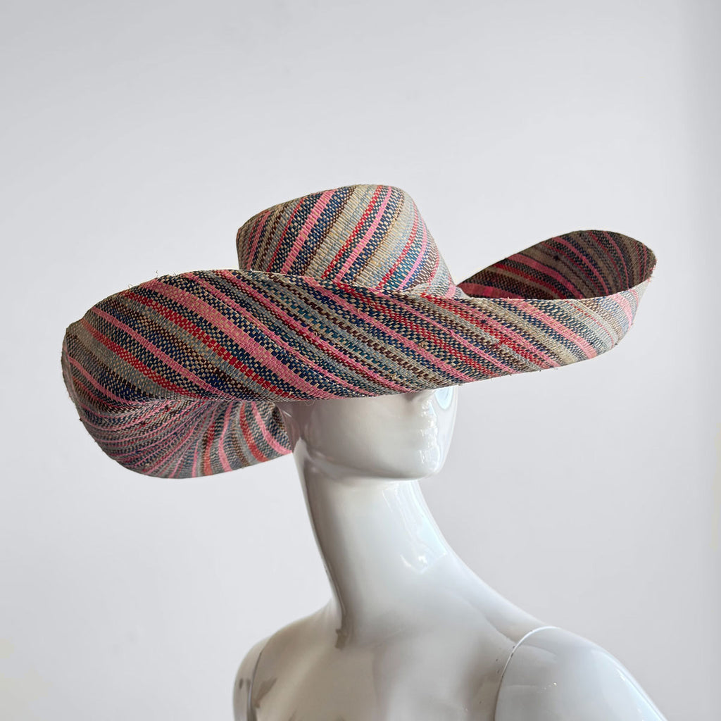 Wide Brim Straw Hat | Thin Stripy Multi Colored