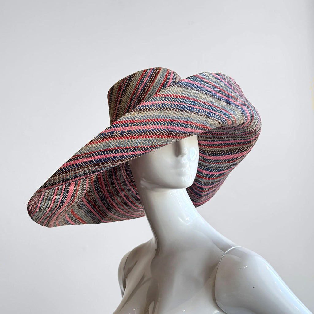 Wide Brim Straw Hat | Thin Stripy Multi Colored