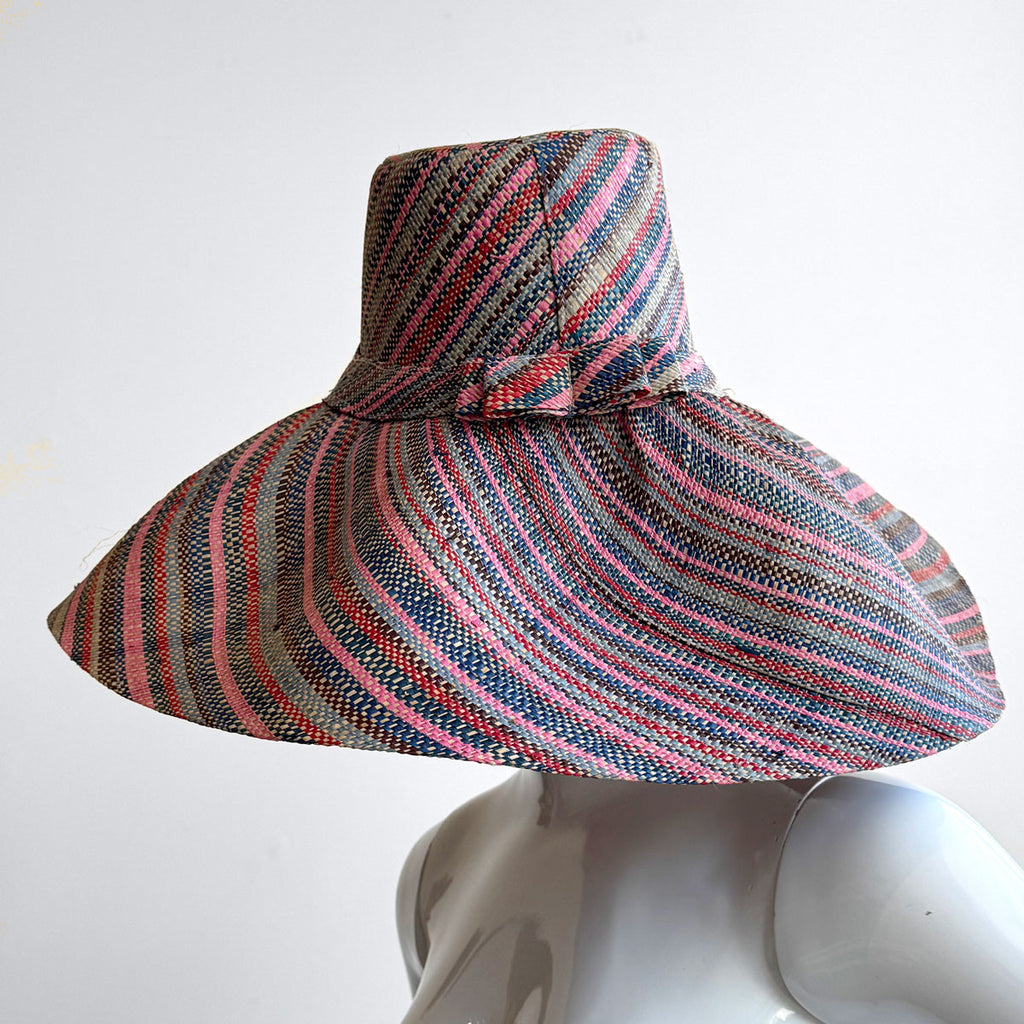 Wide Brim Straw Hat | Thin Stripy Multi Colored
