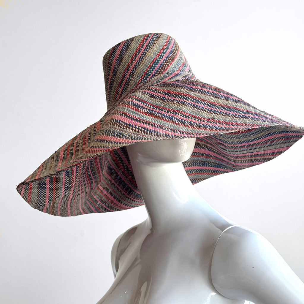 Wide Brim Straw Hat | Thin Stripy Multi Colored