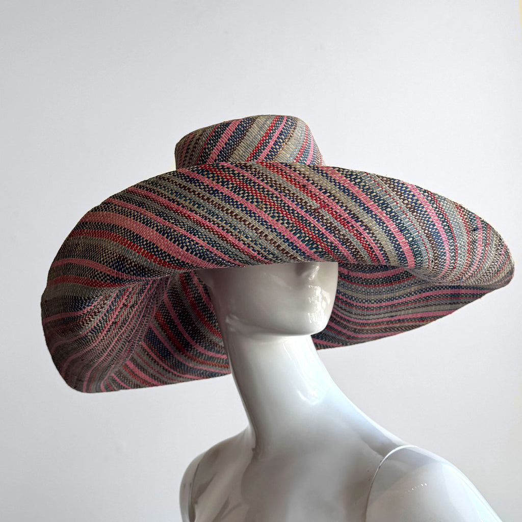 Wide Brim Straw Hat | Thin Stripy Multi Colored