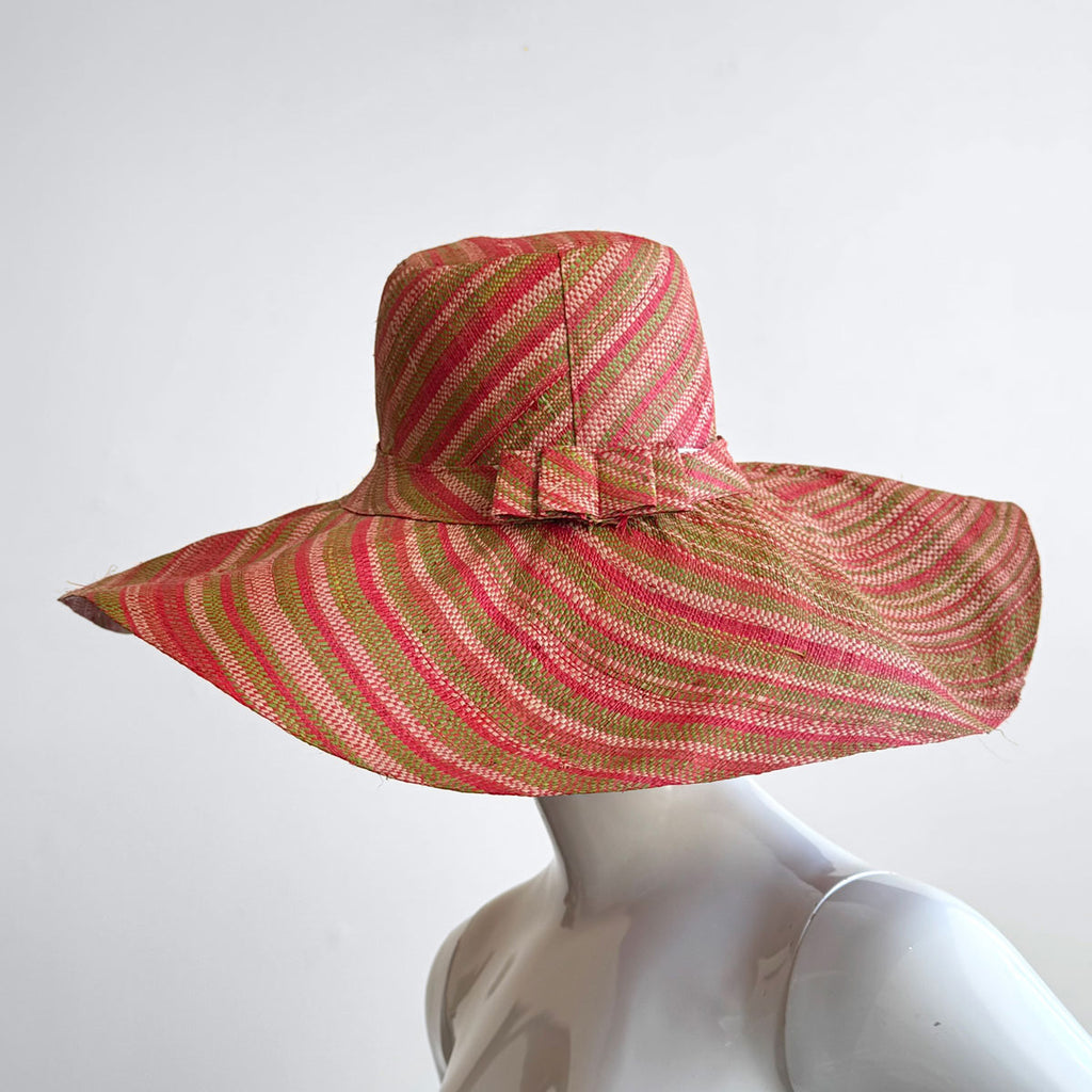 Wide Brim Straw Hat | Thin Stripy Red