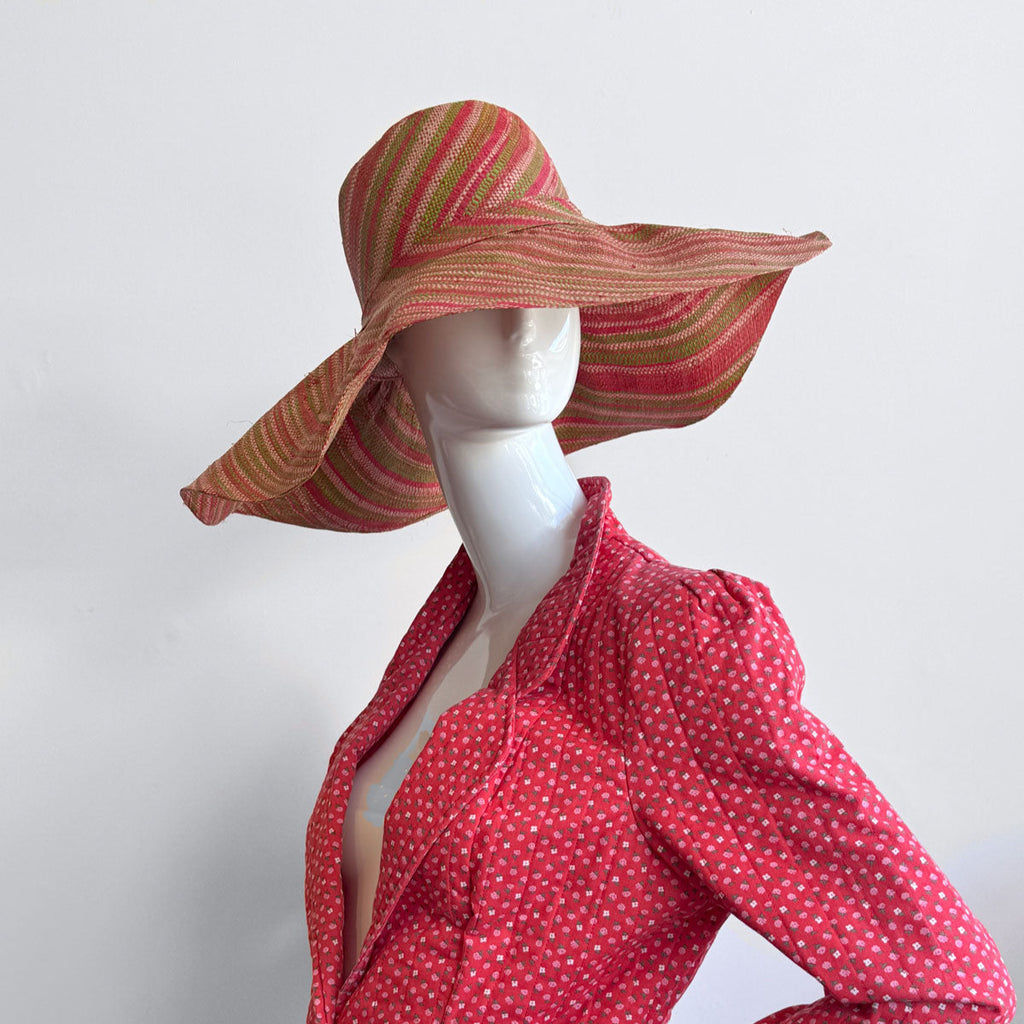 Wide Brim Straw Hat | Thin Stripy Red