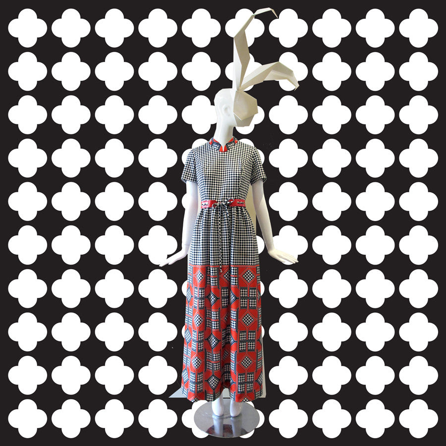 1960's Clover Print Toni Todd Mandarin Collar Maxi Dress