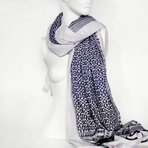 Vintage Navy & White Abstract Print Scarf | Italy