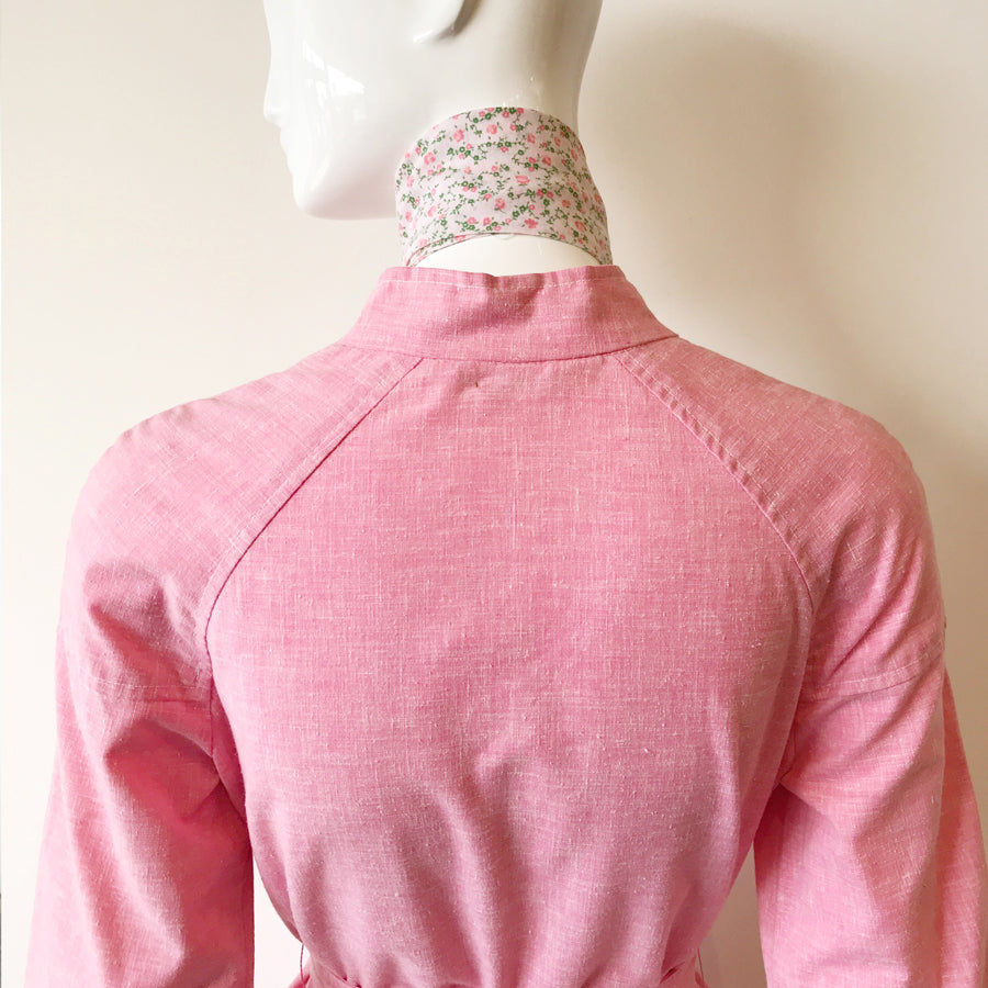 70s Pink Chambray & Floral Shirt Dress