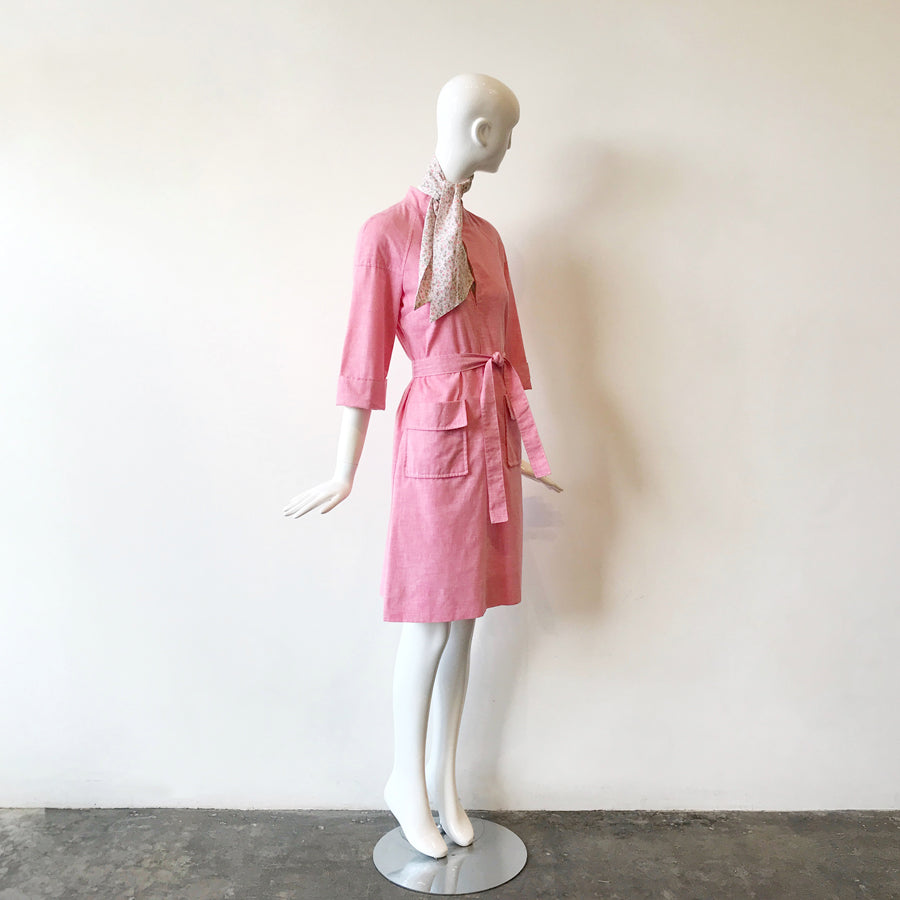 70s Pink Chambray & Floral Shirt Dress