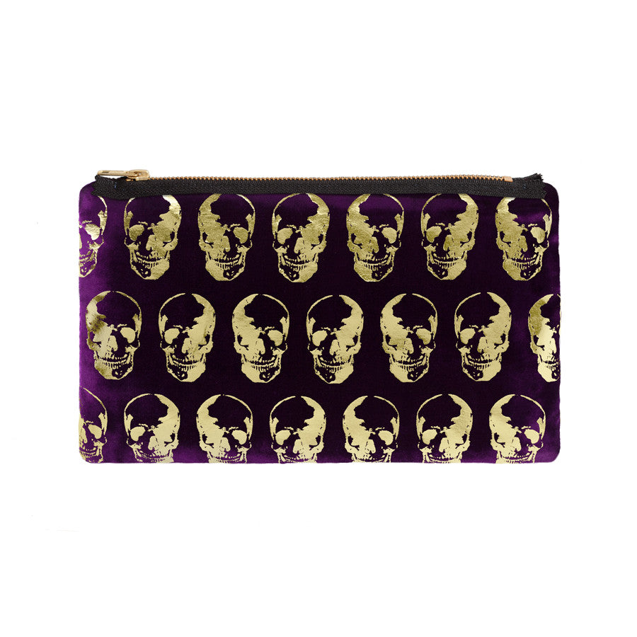 skull print pouch - grape / gold foil