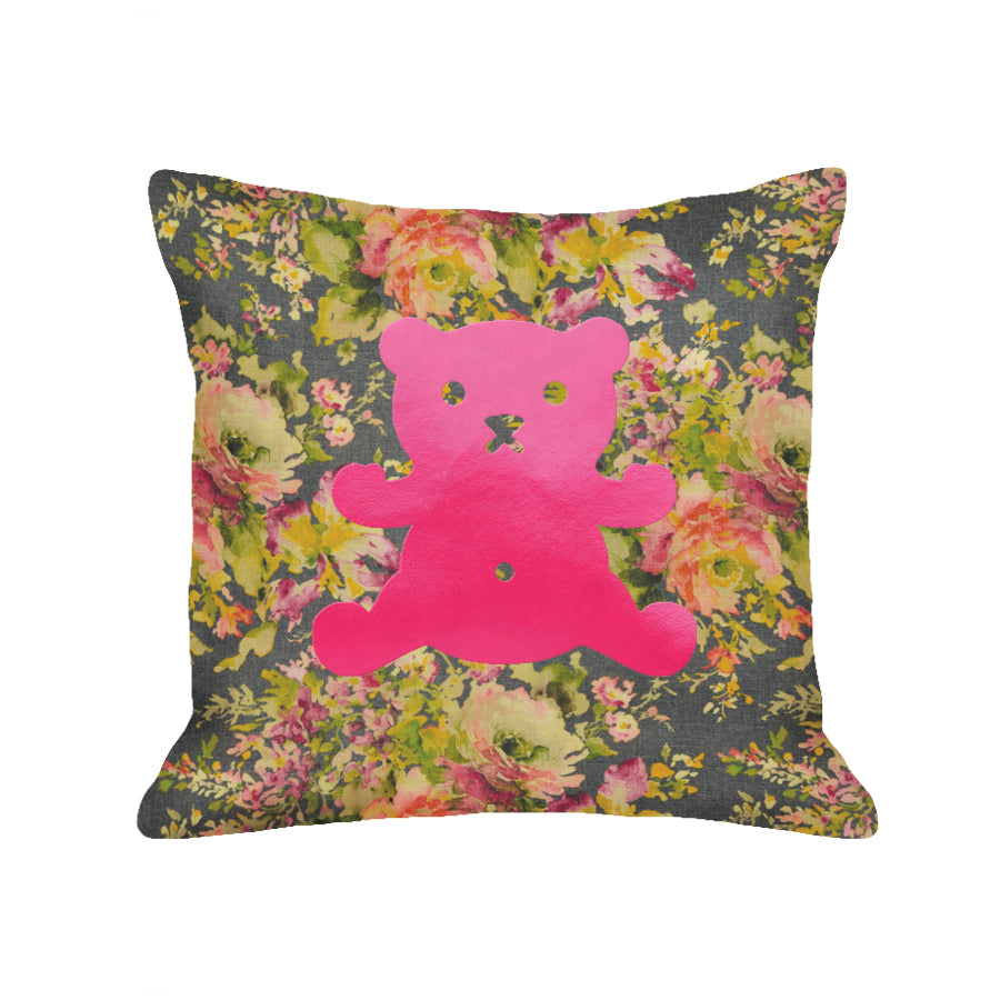 Teddy Bear Pillow - dark floral / hot pink foil