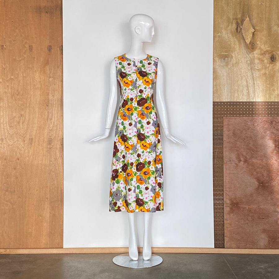 1970s Abstract Floral Print Maxi Dress