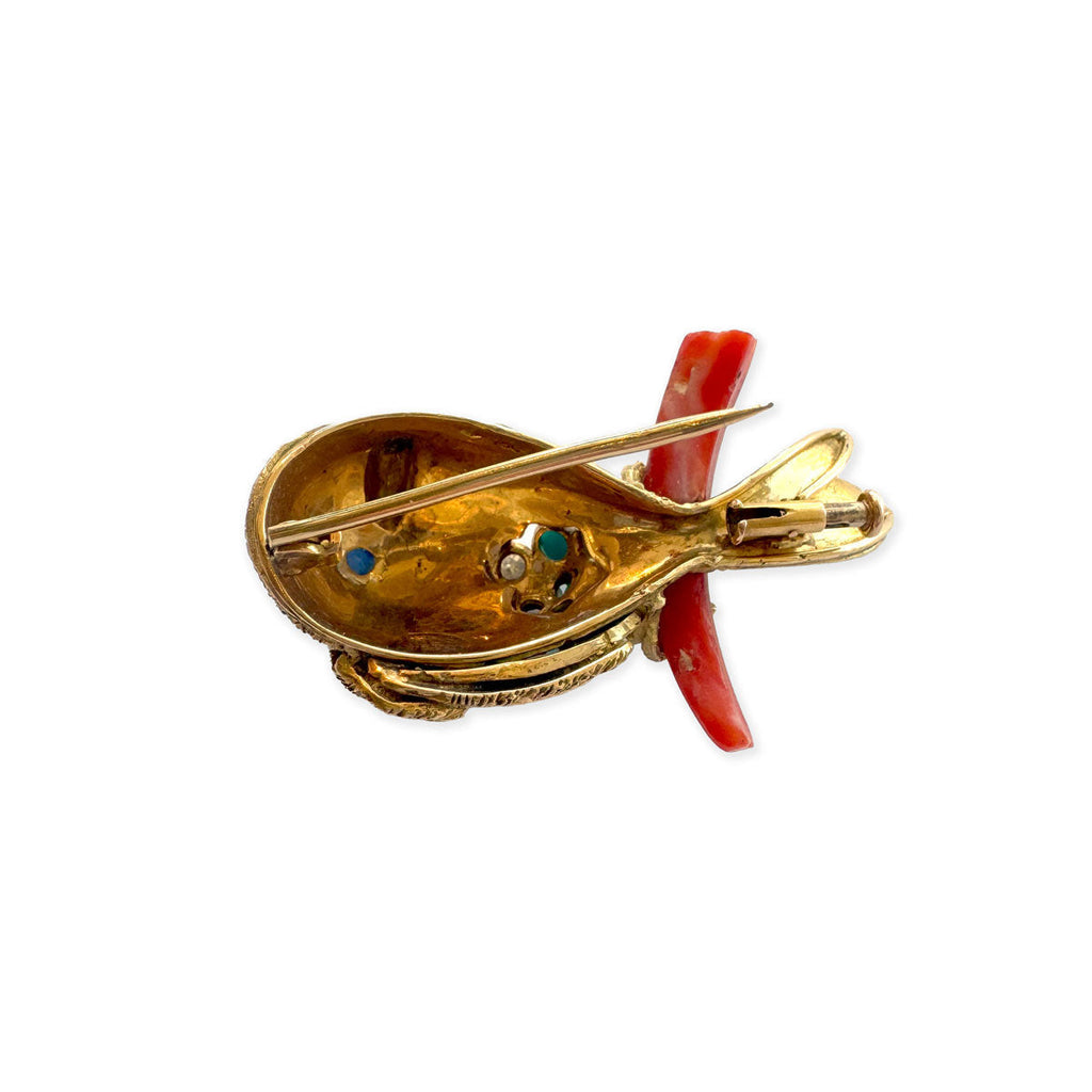 MCM French Sparrow Brooch with Coral, Sapphire, Turquoise & Diamond