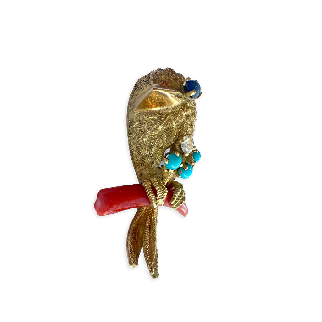 MCM French Sparrow Brooch with Coral, Sapphire, Turquoise & Diamond