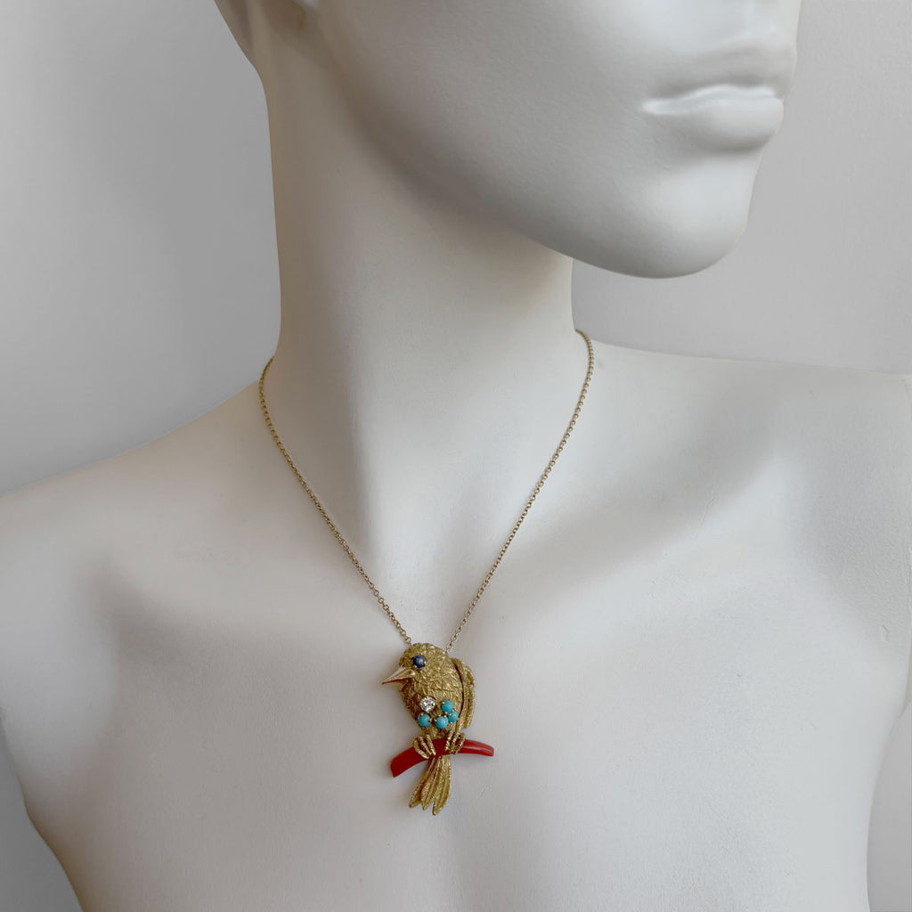 MCM French Sparrow Brooch with Coral, Sapphire, Turquoise & Diamond