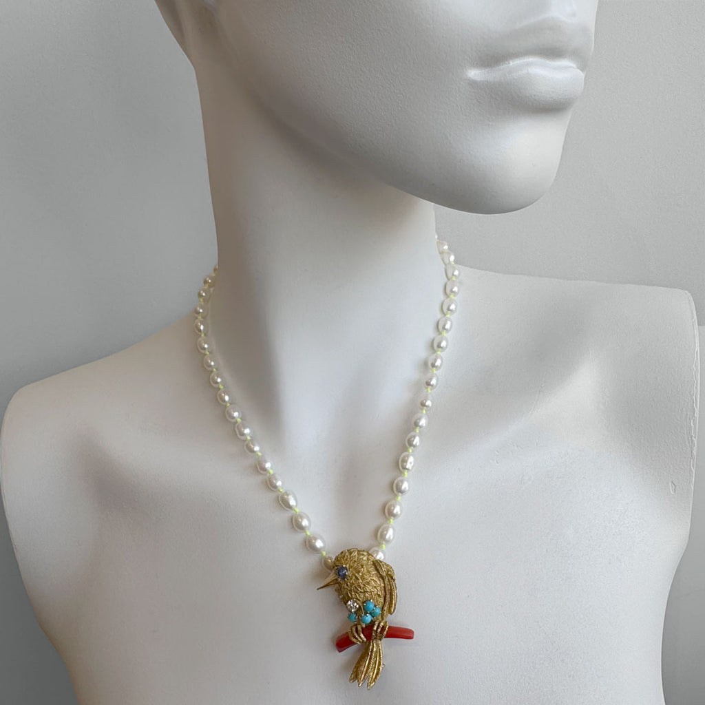 MCM French Sparrow Brooch with Coral, Sapphire, Turquoise & Diamond