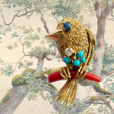 MCM French Sparrow Brooch with Coral, Sapphire, Turquoise & Diamond