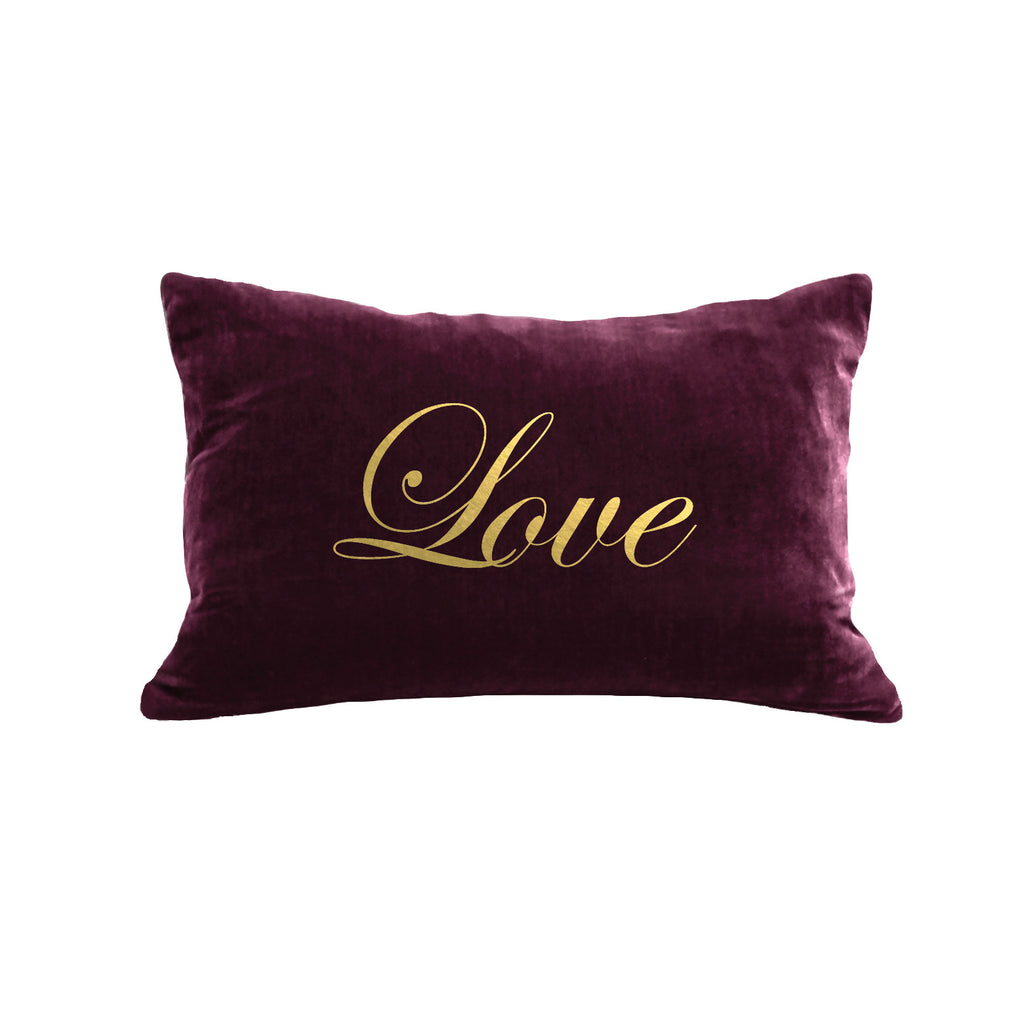 Script Love Pillow - berry / gold foil