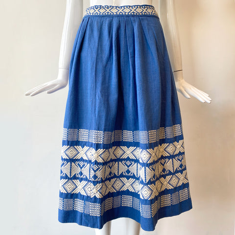 70s Vintage Chambray Appliqué Rooster Wrap Skirt