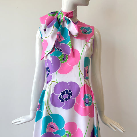 1960's Clover Print Toni Todd Mandarin Collar Maxi Dress