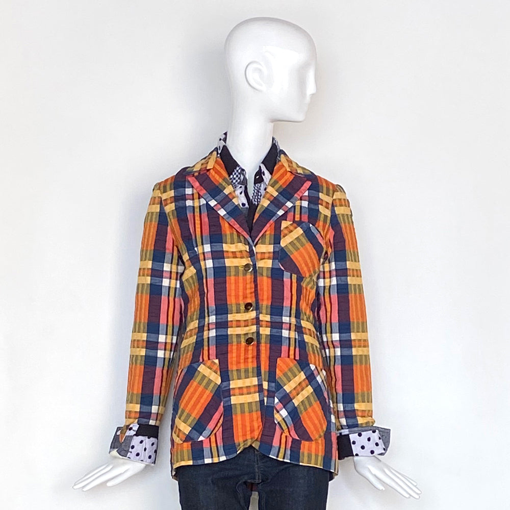 70's Seersucker Navy Orange Madras Three Button Blazer