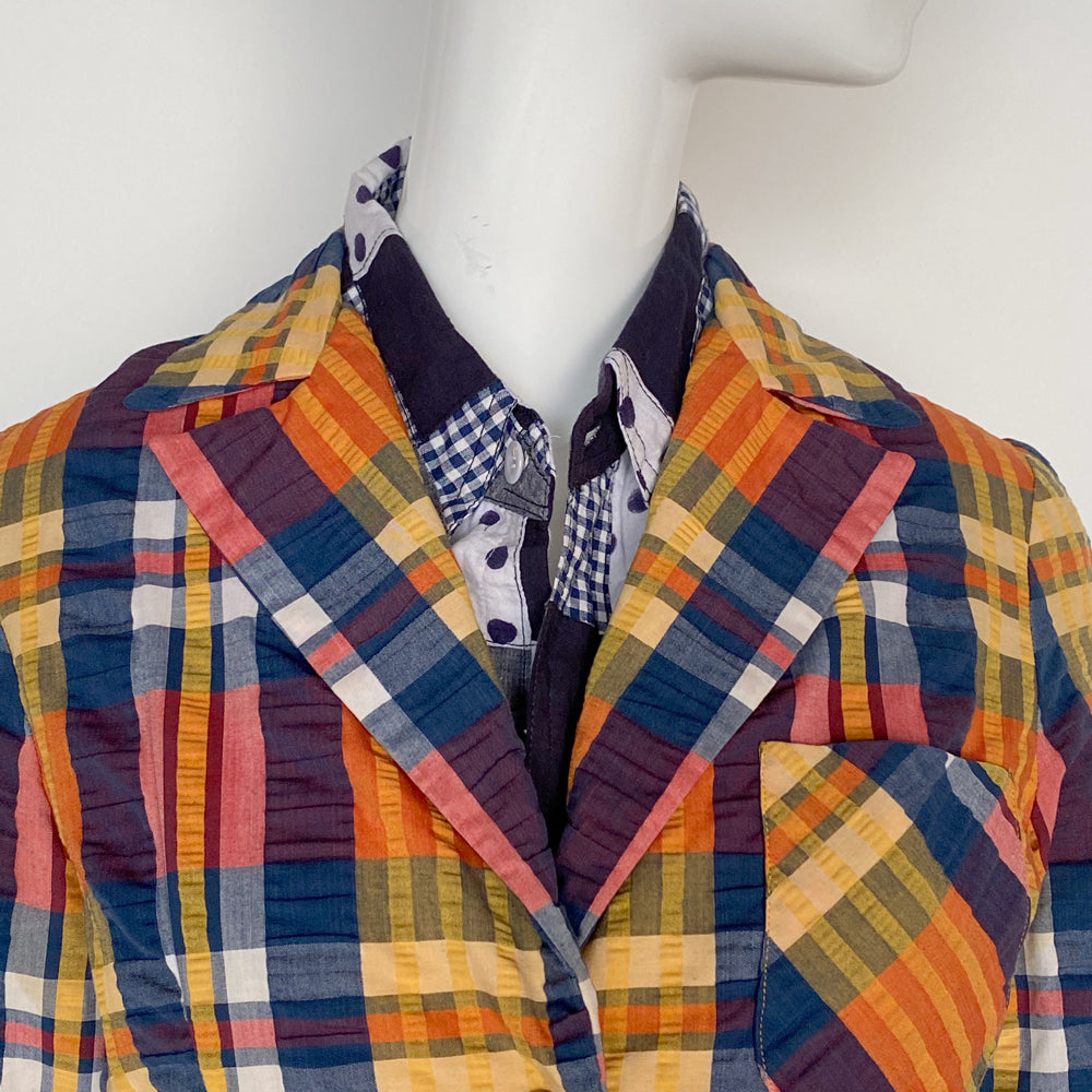 70's Seersucker Navy Orange Madras Three Button Blazer