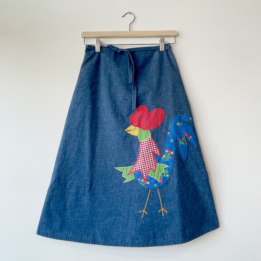 70s Vintage Chambray Appliqué Rooster Wrap Skirt