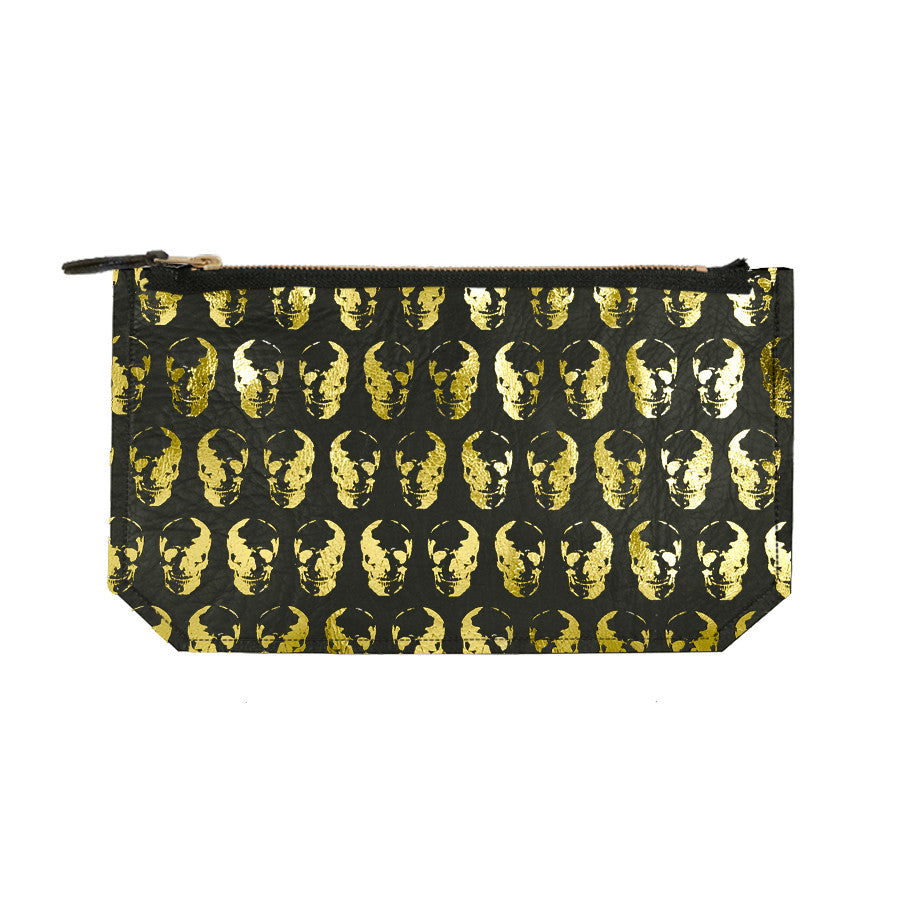 leather skull print clutch - black / gold foil