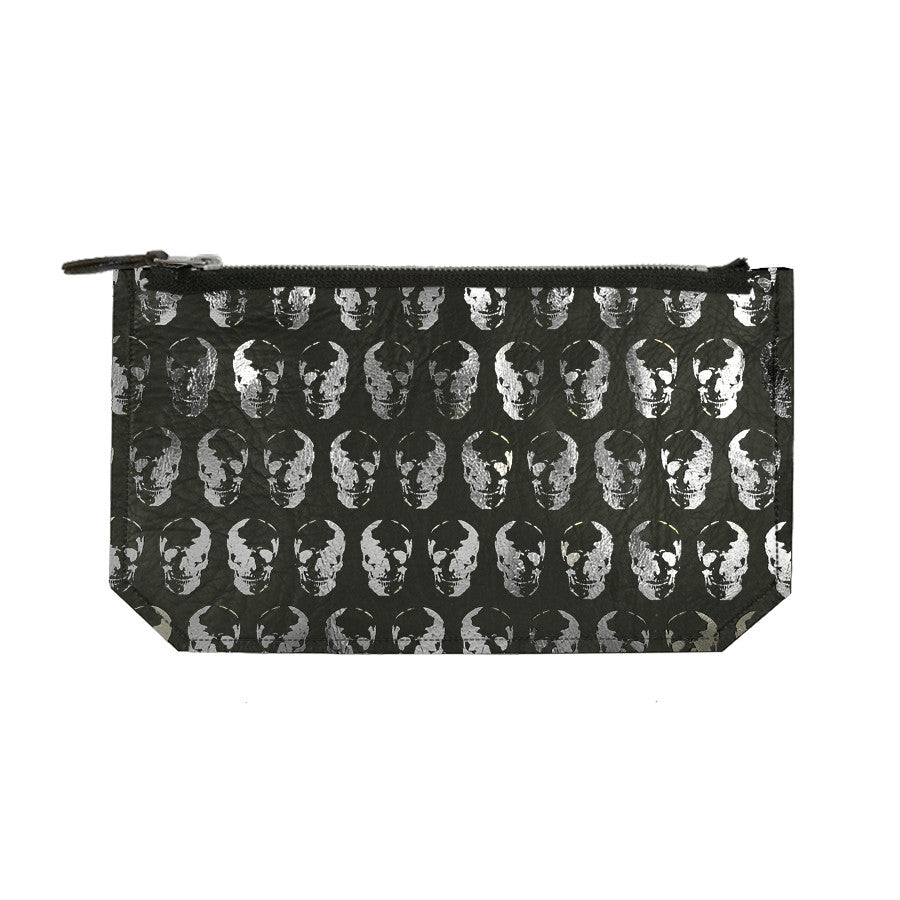 leather skull print clutch - black / gunmetal foil