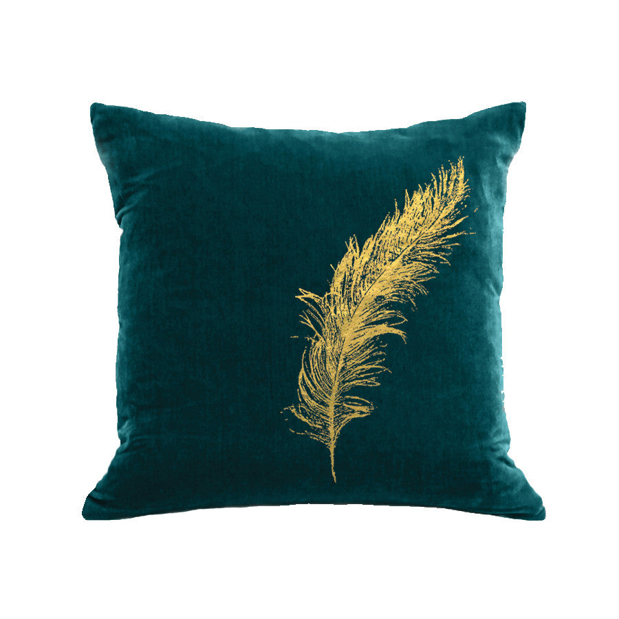 Feather Pillow - teal / gold foil / 18 x 18"