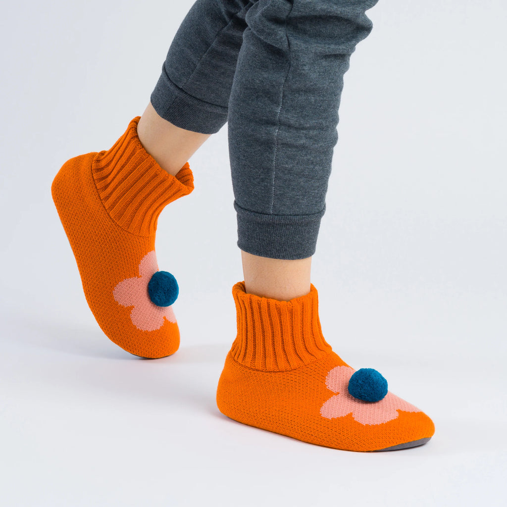 Knit Flower Power Pom Pom Socks-Slippers | Flame