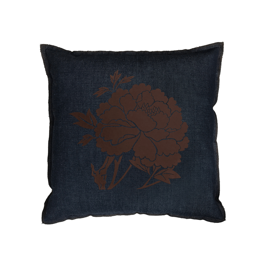 Denim Flocked Peony Pillow - Brown