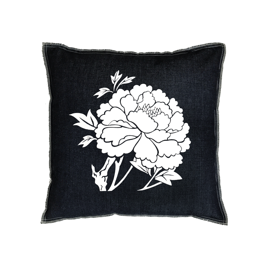 Denim Flocked Peony Pillow - White