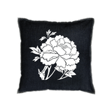 Denim Flocked Peony Pillow - White