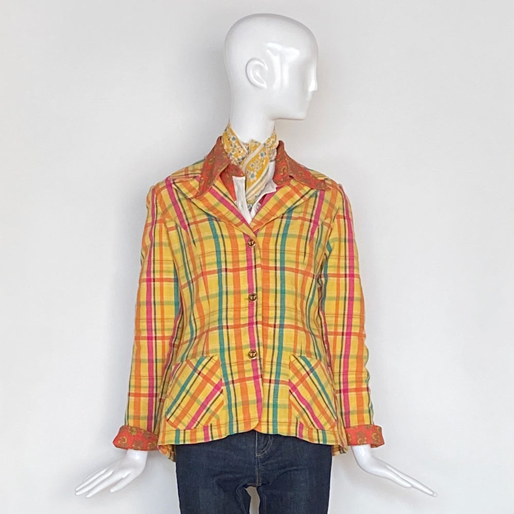 70's Seersucker Yellow Madras Three Button Blazer