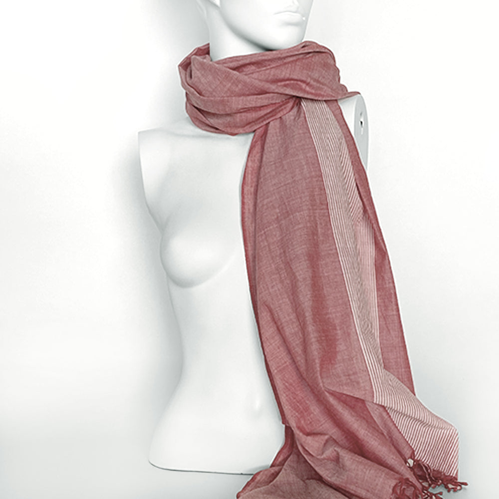 Faded Denim Striped Scarf | Red