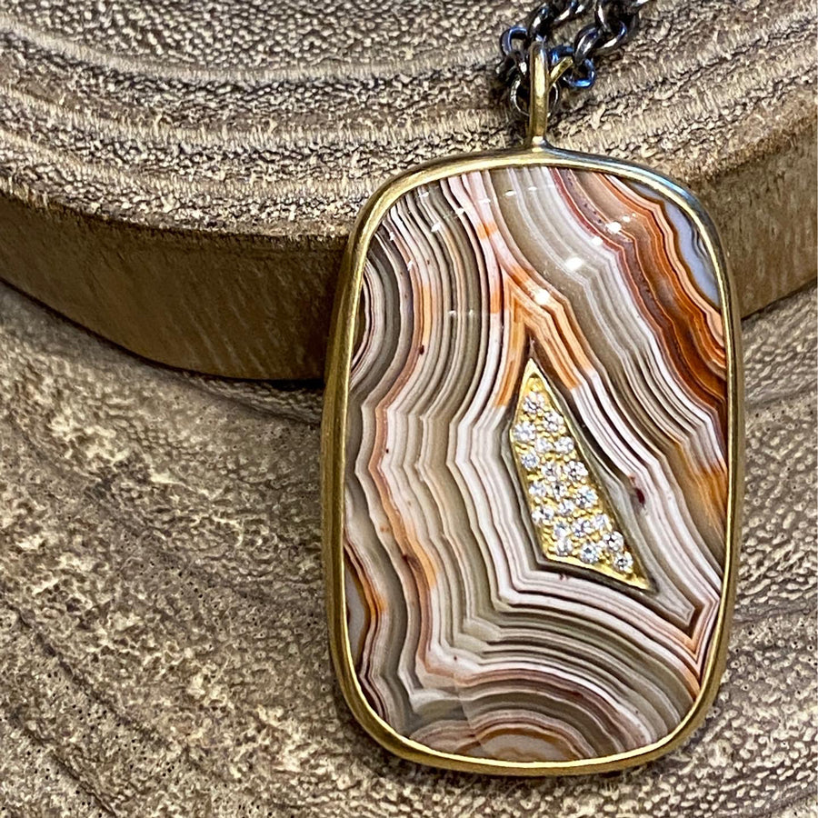 Crazy Lace Agate & Diamond Inlaid Pendant Necklace