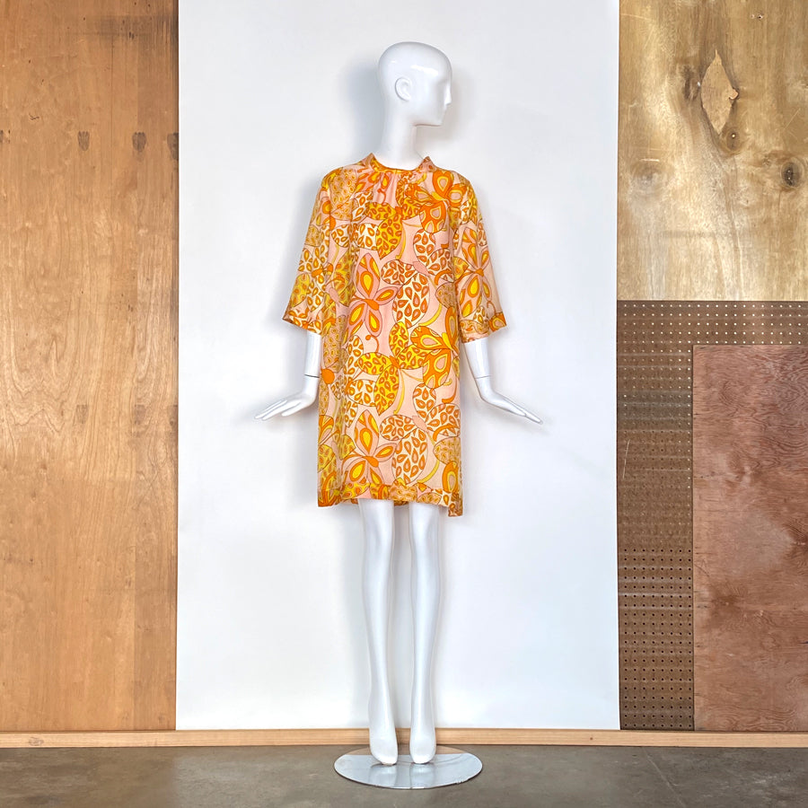 1960s Mod Butterfly Print Mock Turtleneck Dress