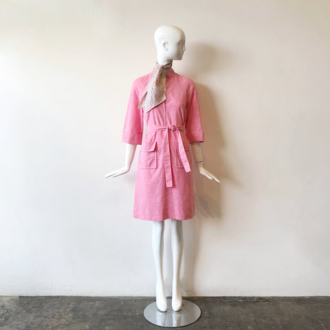 70s Pink Chambray & Floral Shirt Dress