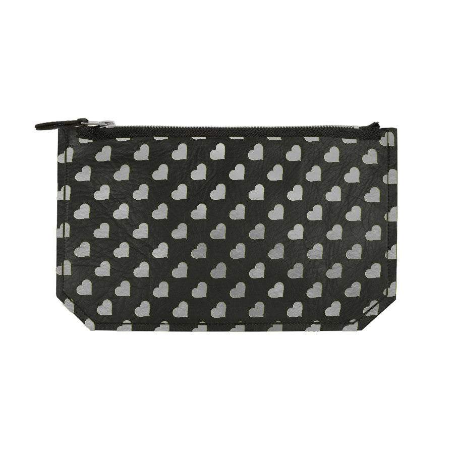 Leather Heart Print Pouch - black / gunmetal foil