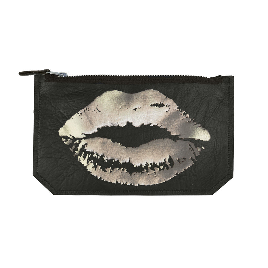 leather lips pouch - gunmetal foil