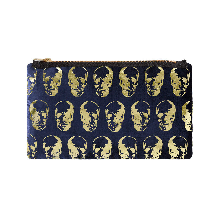 skull print pouch - navy / gold foil